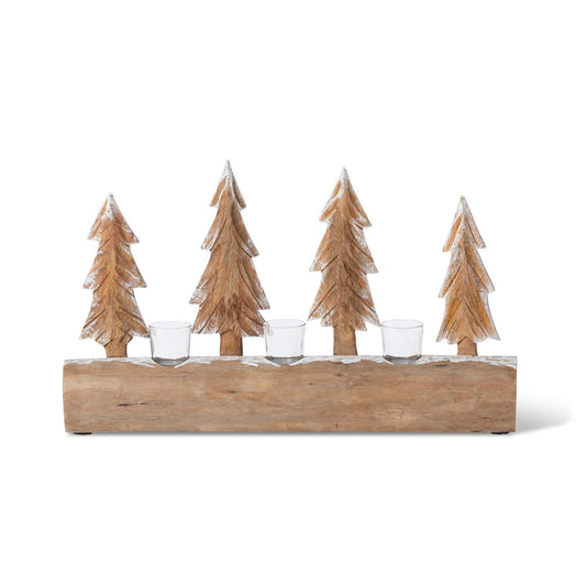 Carved Wood Fir Forest Votive Holder | Gold & Whitewash Décor