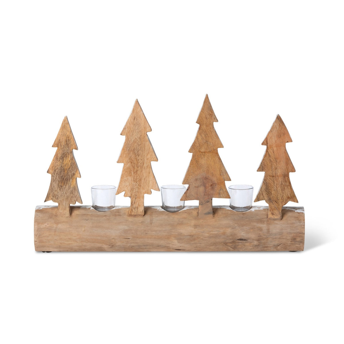 Carved Wood Fir Forest Votive Holder | Gold & Whitewash Décor