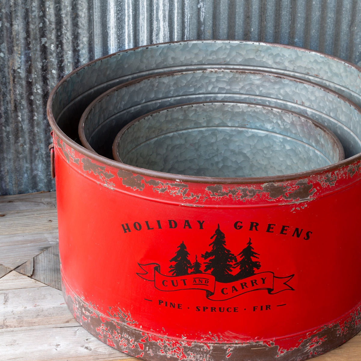 Antique Red Metal Tree Pots Set of 3 | Distressed Holiday Décor