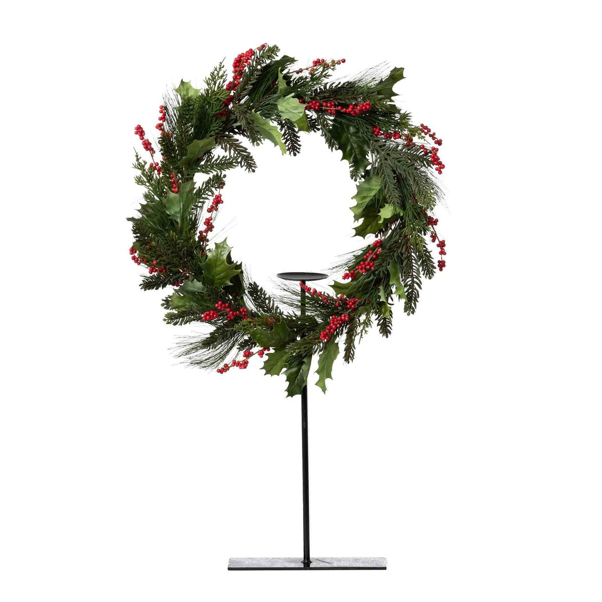 Pine and Holly Wreath on Candle Stand | Elegant Holiday Centerpiece