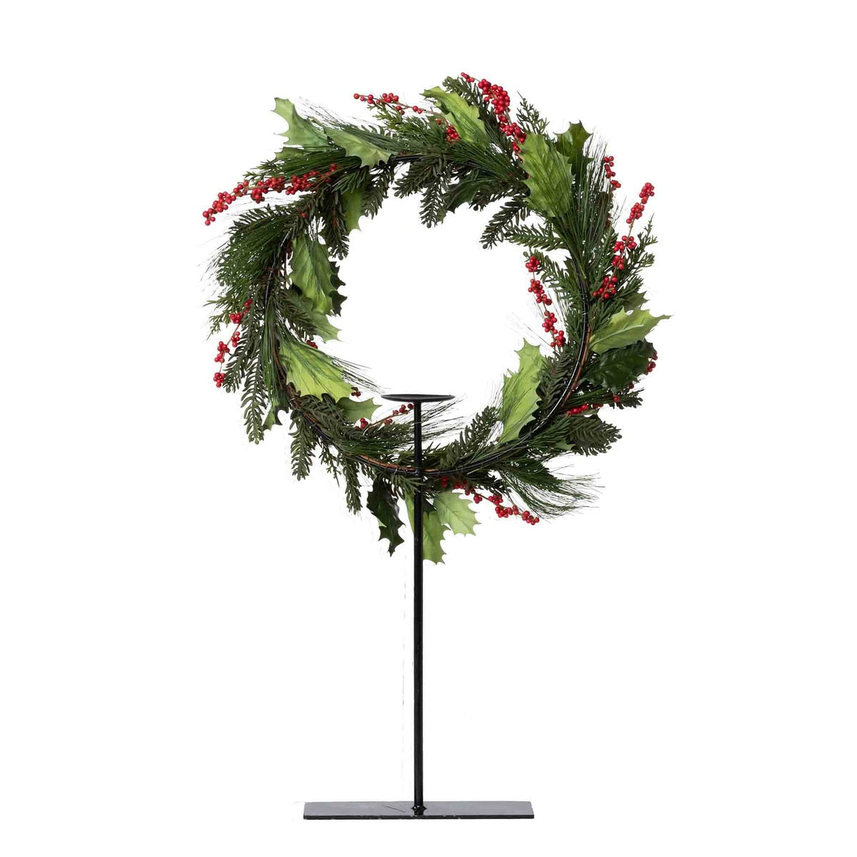 Pine and Holly Wreath on Candle Stand | Elegant Holiday Centerpiece