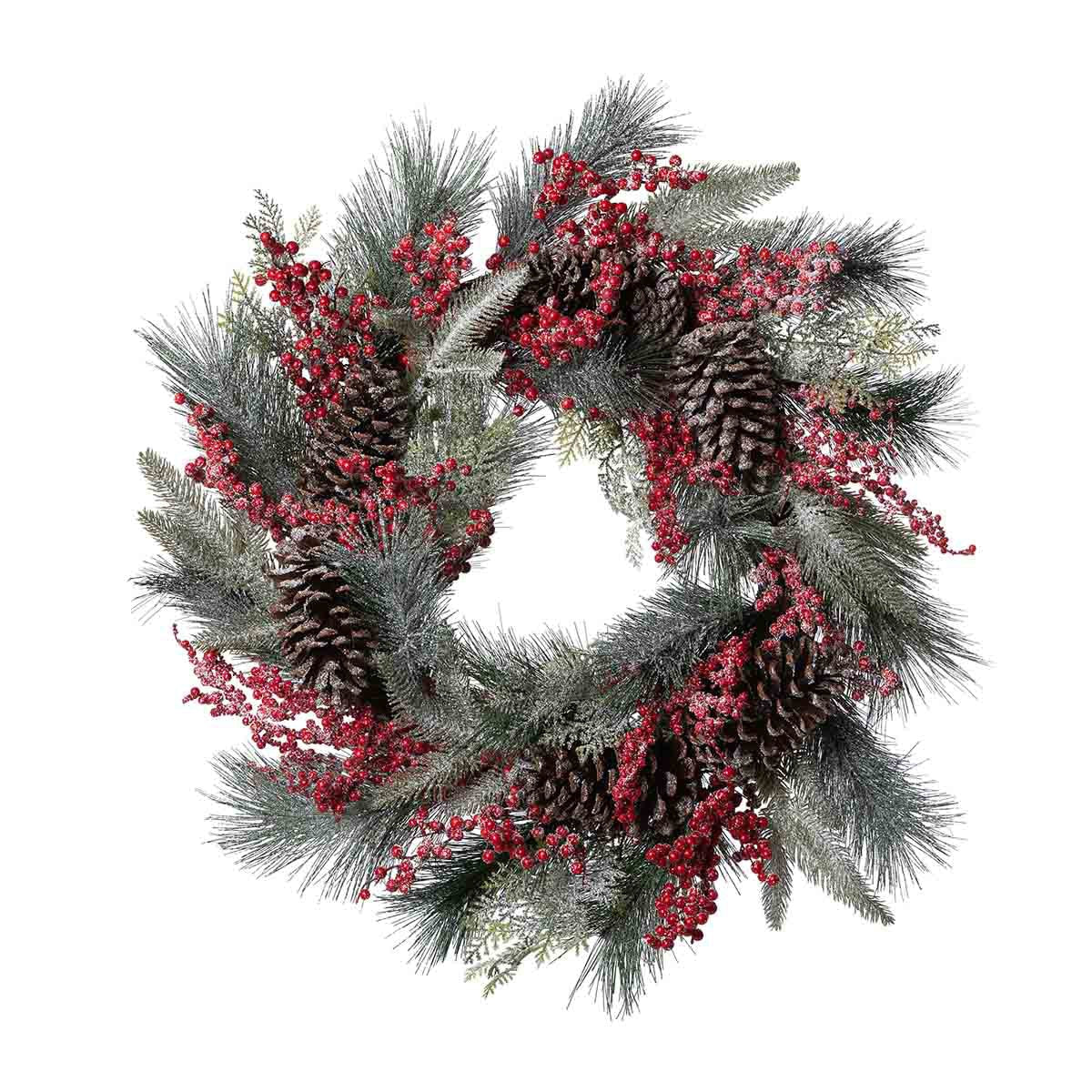 Frosted Mixed Evergreen Pine Cone and Berry Wreath Set of 2 | Rustic Holiday Wreath