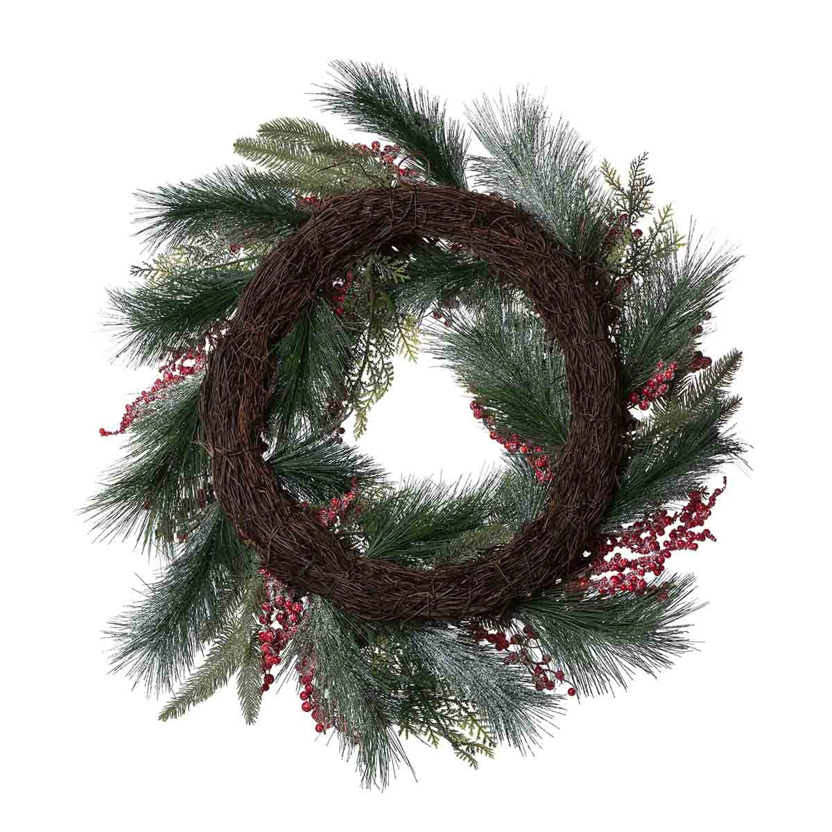 Frosted Mixed Evergreen Pine Cone and Berry Wreath Set of 2 | Rustic Holiday Wreath