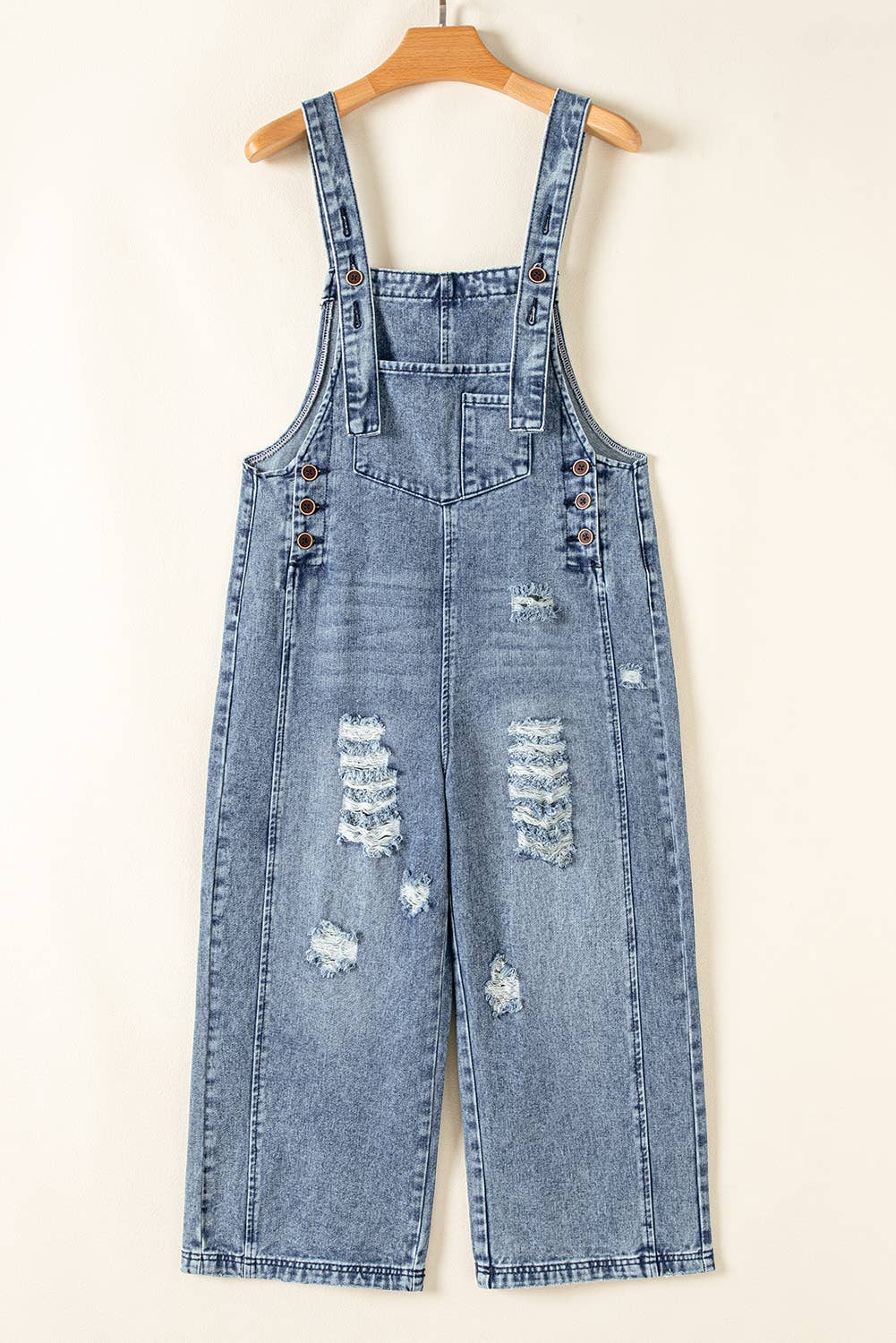 Distressed Pocketed Wide Leg Capri Denim Overall | 2 Colors: Stone Blue / M