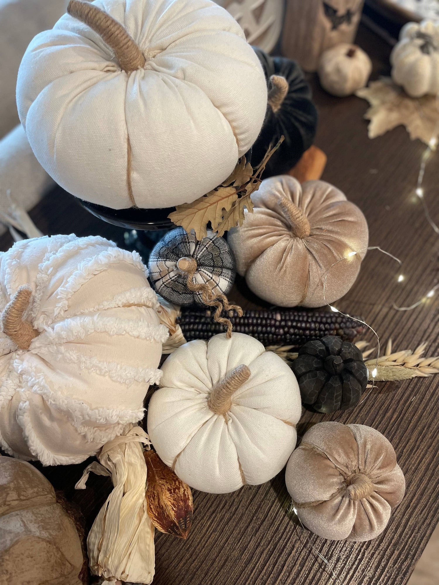 Med. White Fuzzy Stripes Fall Fabric Pumpkin