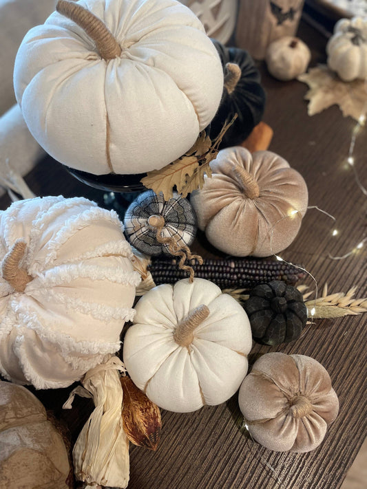 Med. White Fuzzy Stripes Fall Fabric Pumpkin