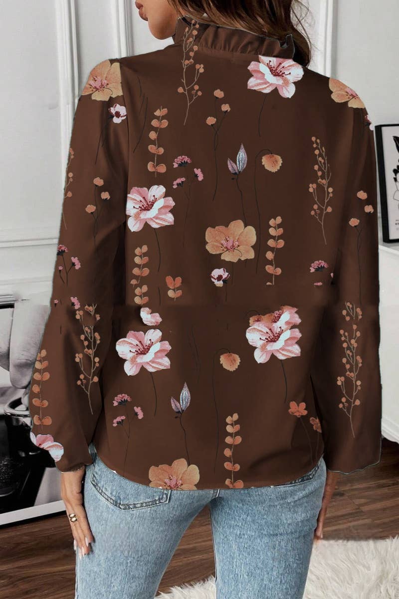 LONG-SLEEVED RUFFLED V-NECK PRINTED COMMUTER TOP: White / (L)