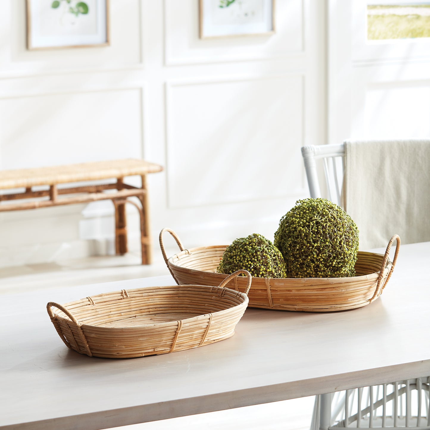 CANE RATTAN TRAYS WITH HANDLES, SET OF 2