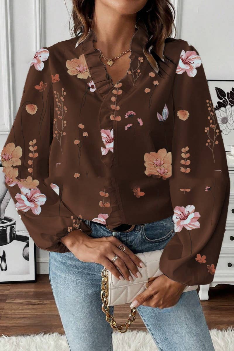 LONG-SLEEVED RUFFLED V-NECK PRINTED COMMUTER TOP: White / (S)