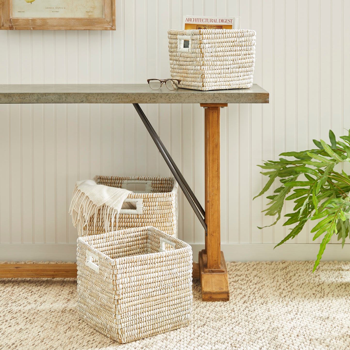 RIVERGRASS SQUARE BASKETS WITH HANDLES, SET OF 3