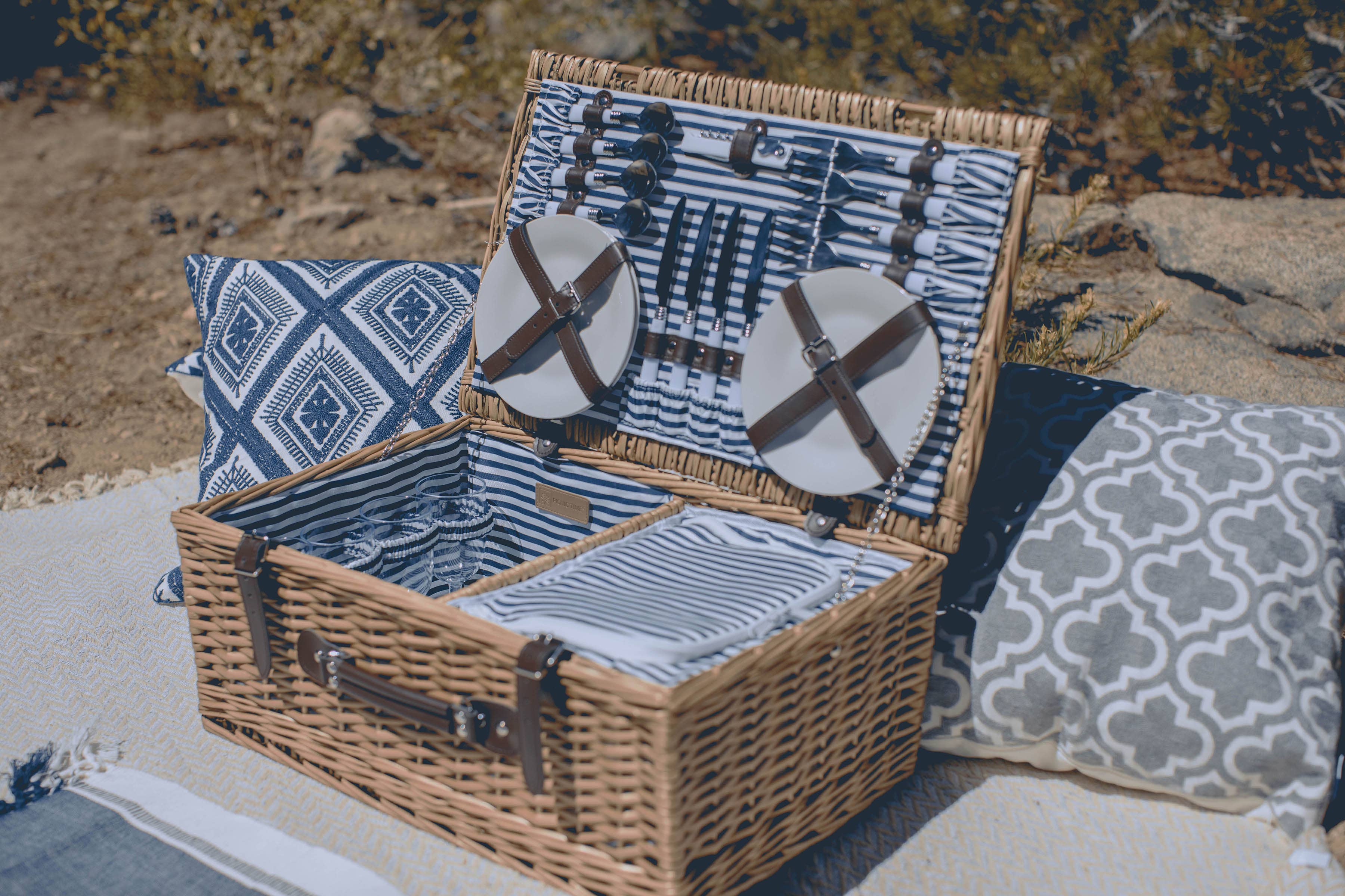 Belmont Picnic Basket: Navy Blue & White Stripe