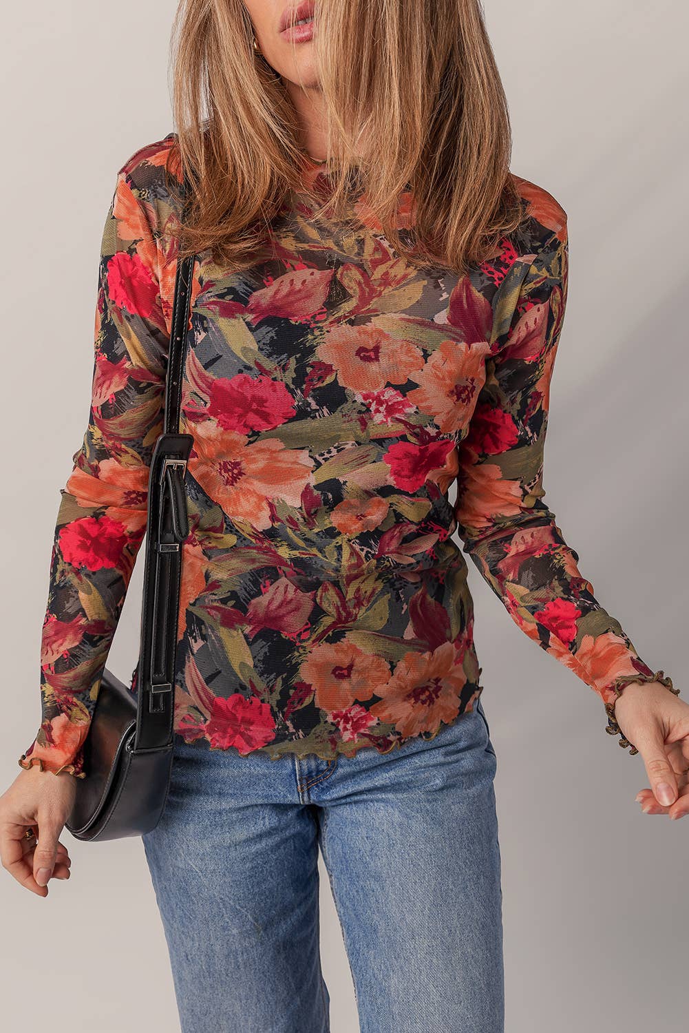 Floral Print Lettuce Trim Long Sleeve Mesh Top | S-XL: As shown / Missy / M