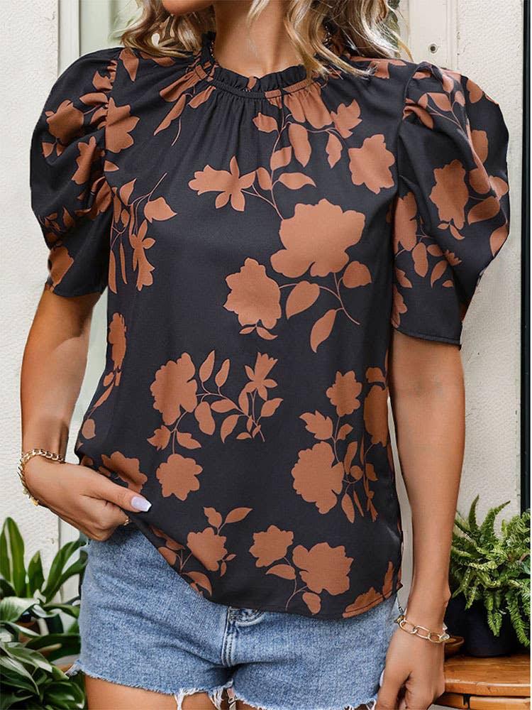 PUFF SLEEVE PRINTED CREW NECK SHIRT TOP: Black / (XL)