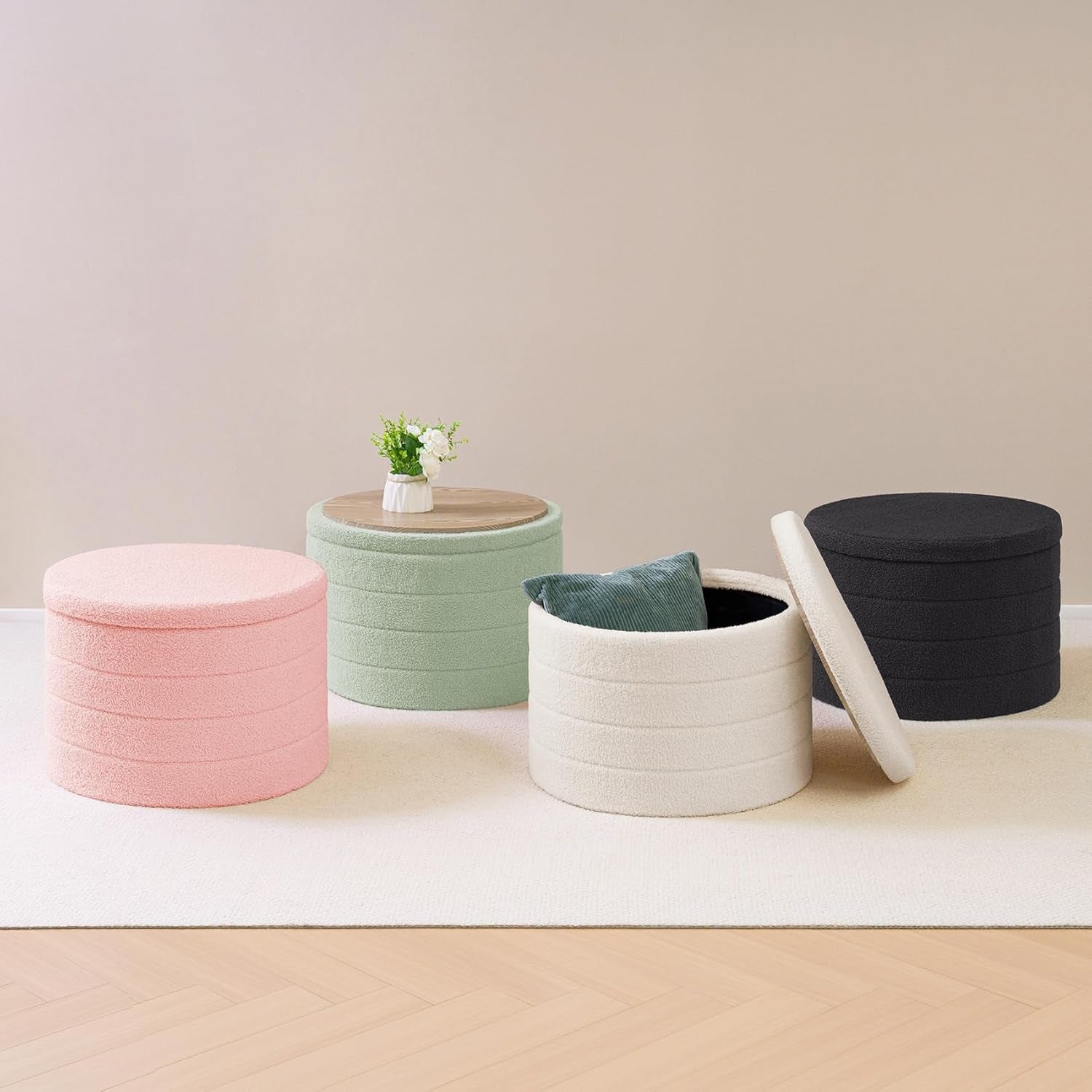 White Twenty TwoIn Round Sherpa Boucle Ottoman Tray