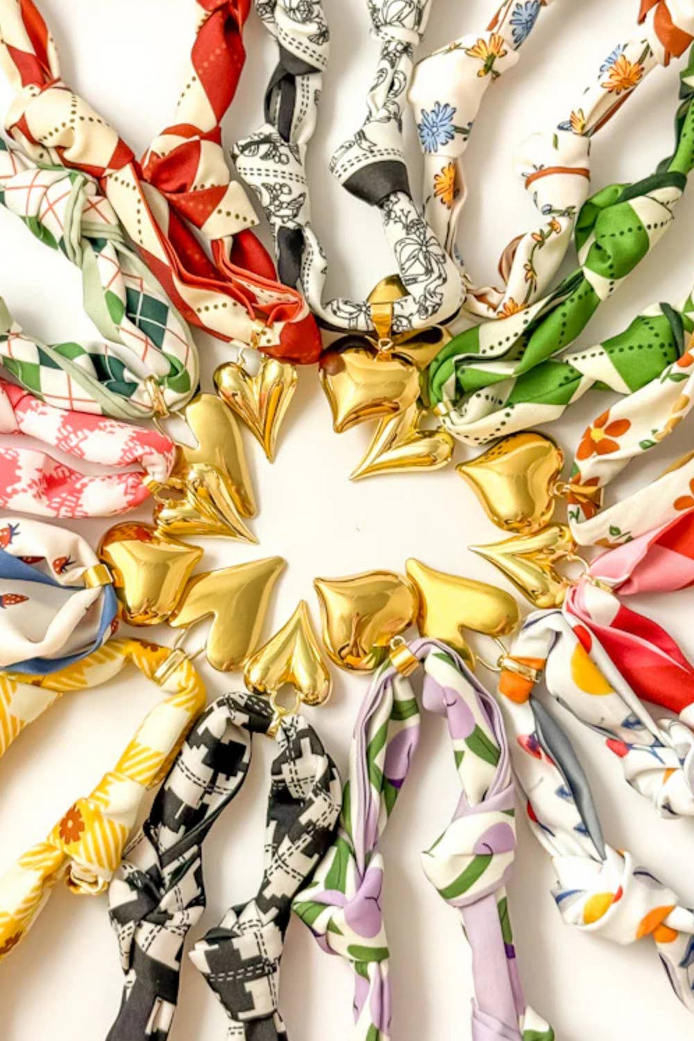 LDC Floral Print Scarf Knotted Gold Heart Charm Necklace: White