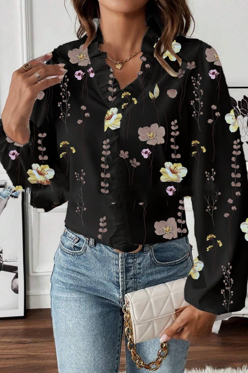 LONG-SLEEVED RUFFLED V-NECK PRINTED COMMUTER TOP: White / (M)