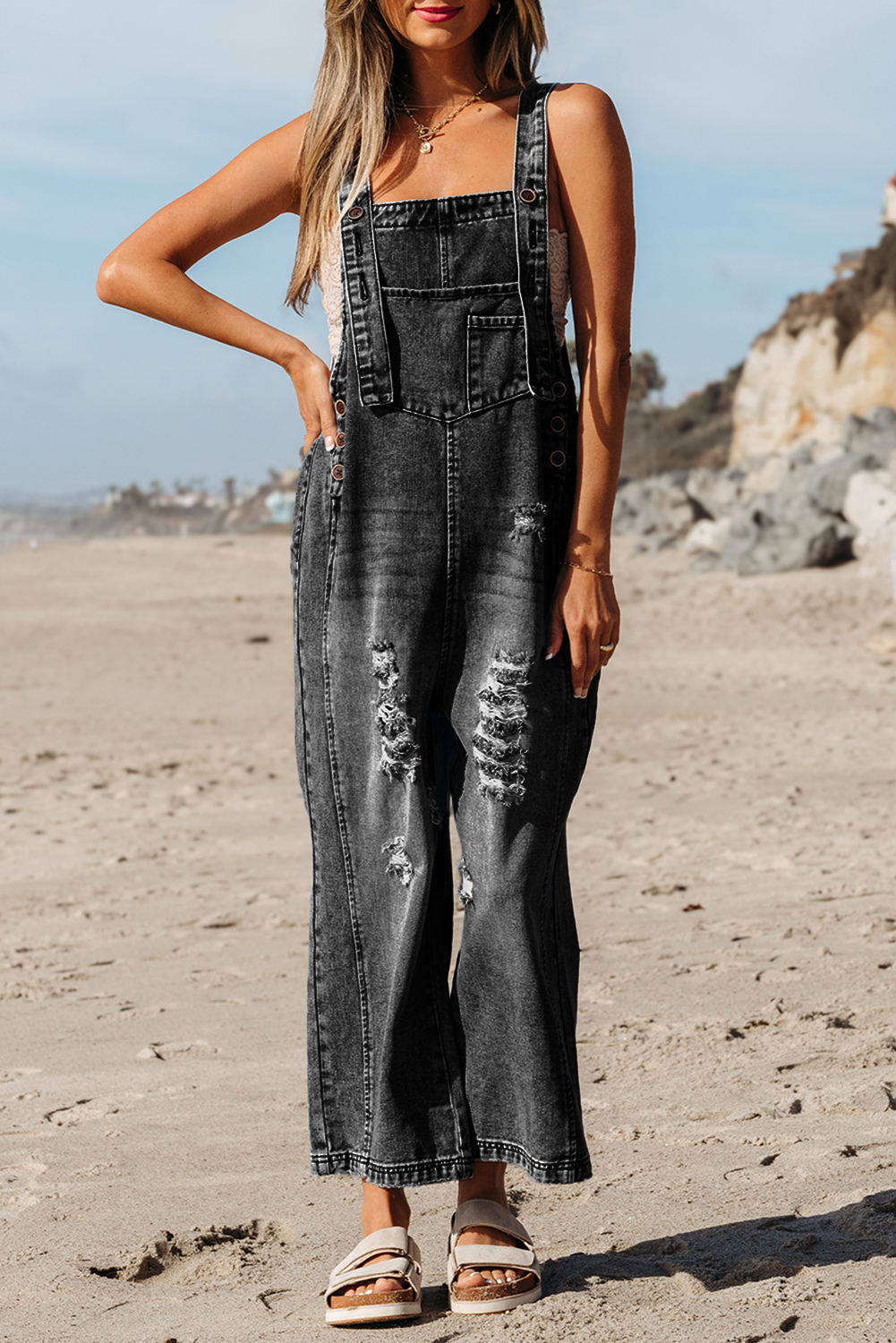 Distressed Pocketed Wide Leg Capri Denim Overall | 2 Colors: Stone Blue / M