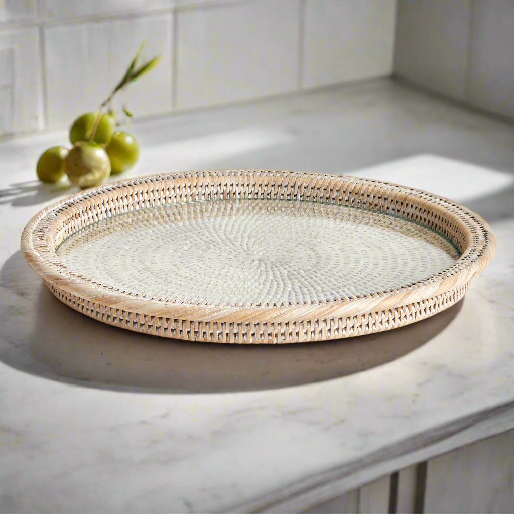 Burma Rattan Serving Platter, Whitewash