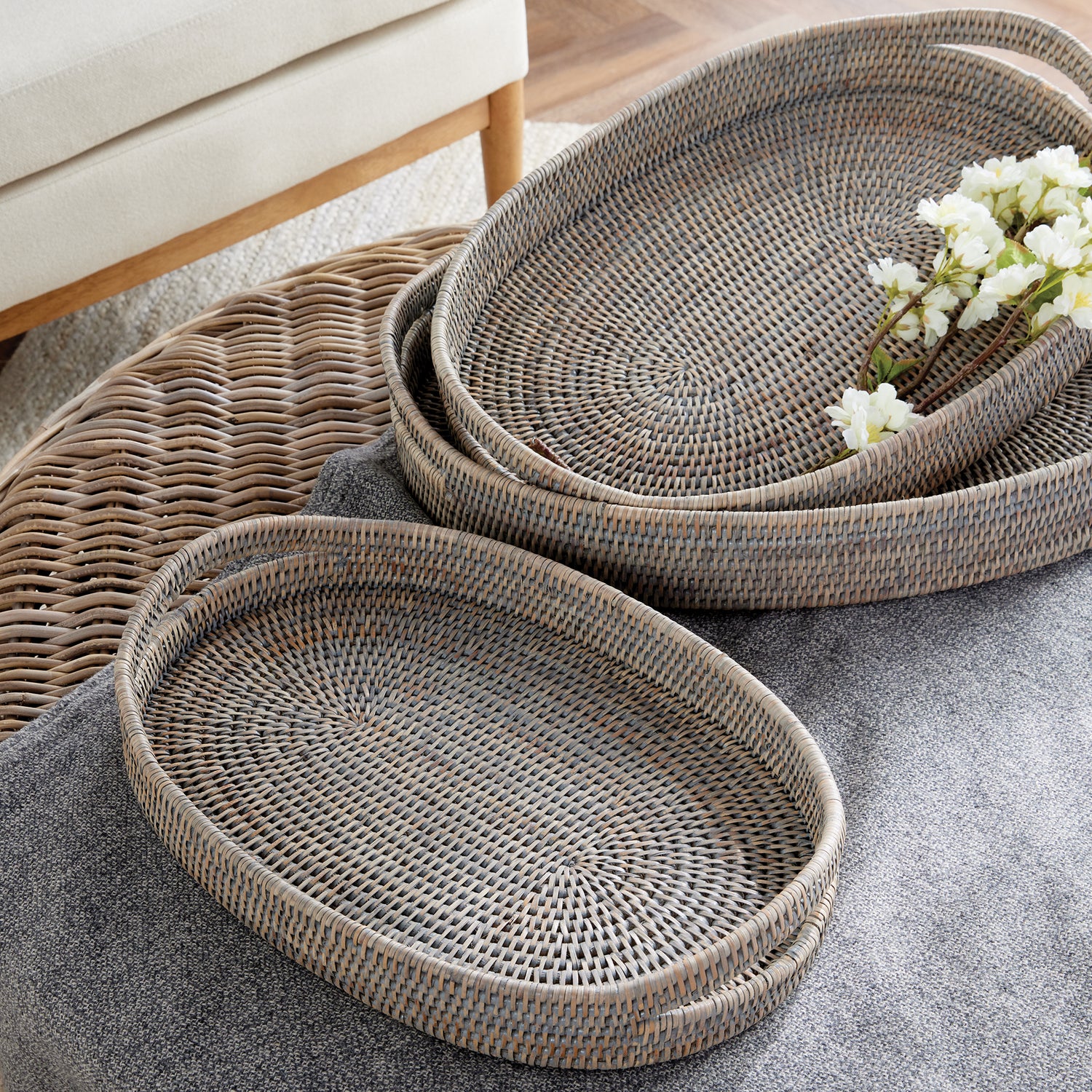 Burma Rattan Oval Serving Trays, Set Of 3