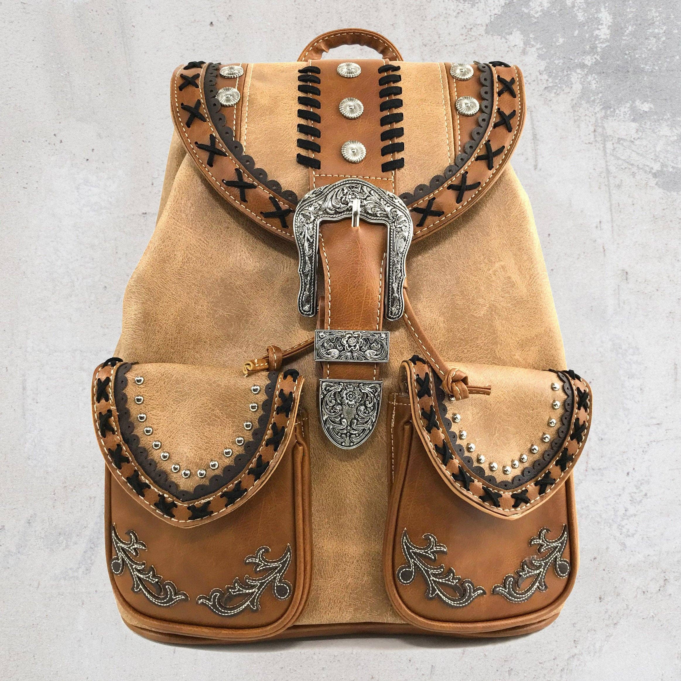 Western Leather Buckle Backpack: Turquoise