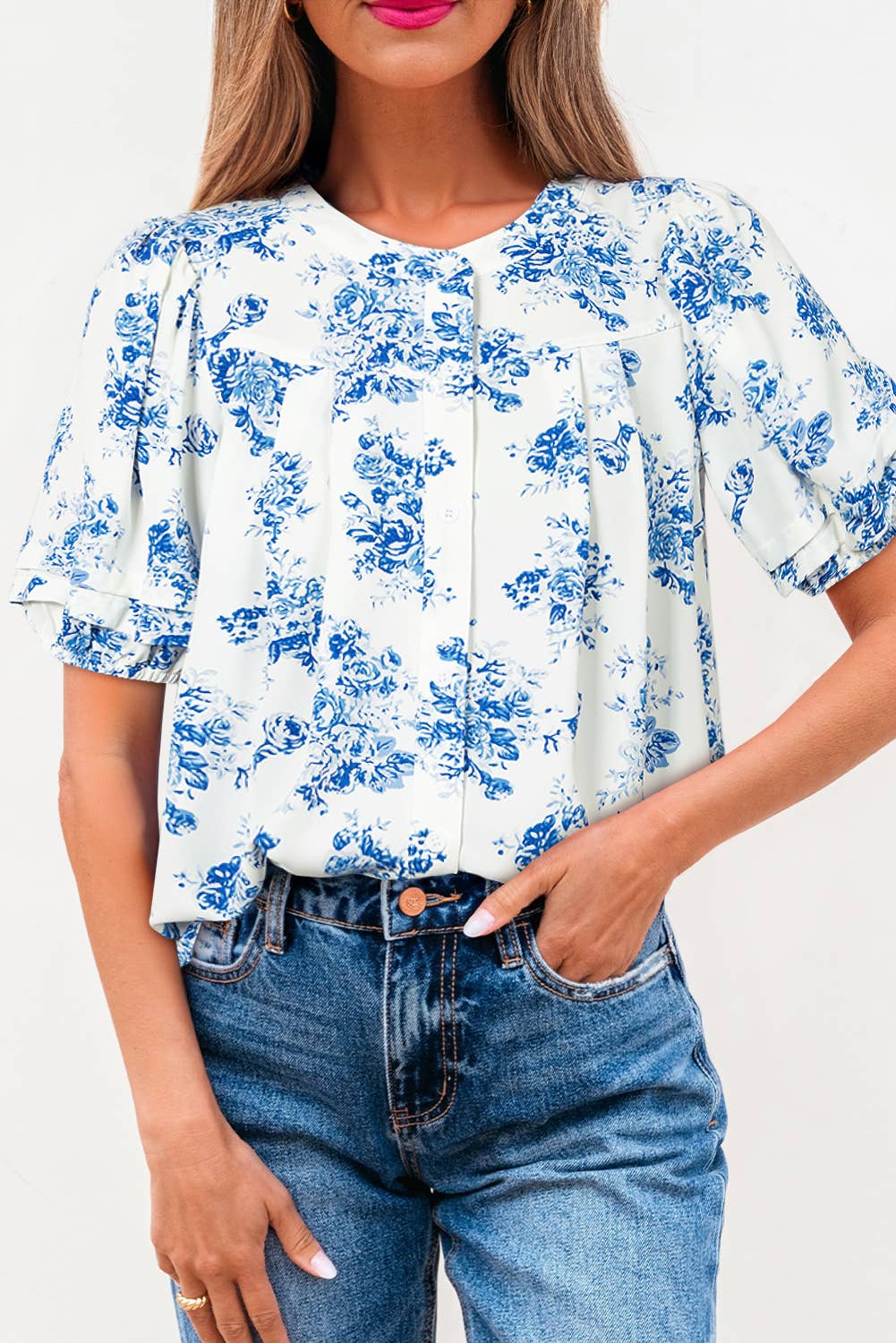 BOHO Floral Pleated Puff Sleeve Button Up Shirt | S-XL: As shown / Missy / XL