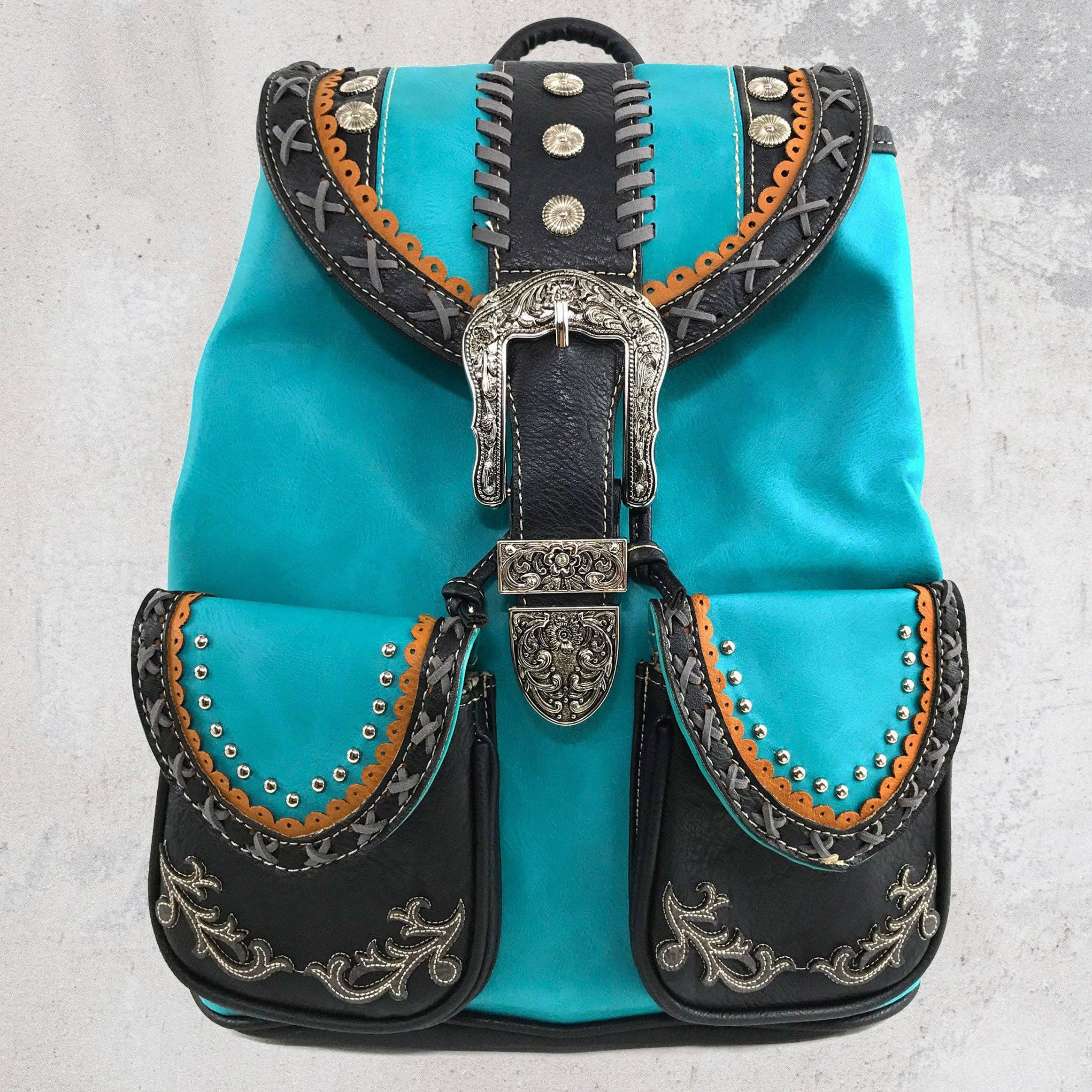 Western Leather Buckle Backpack: Turquoise