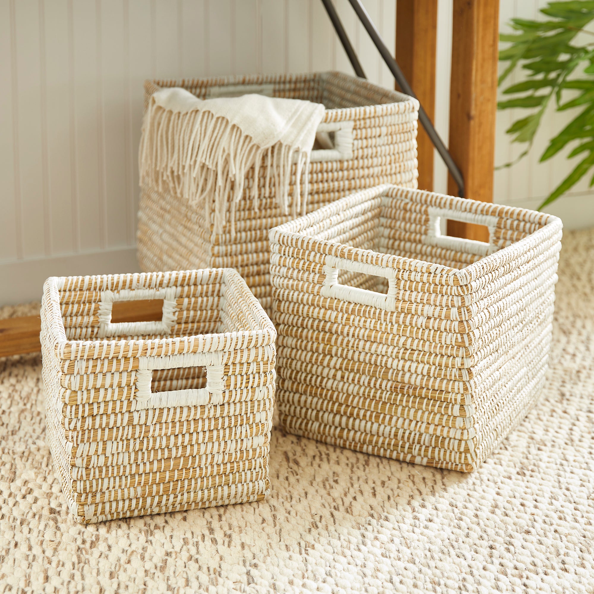 RIVERGRASS SQUARE BASKETS WITH HANDLES, SET OF 3
