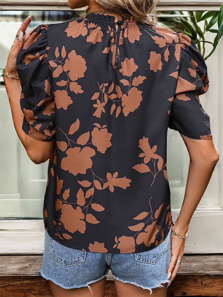 PUFF SLEEVE PRINTED CREW NECK SHIRT TOP: Black / (L)