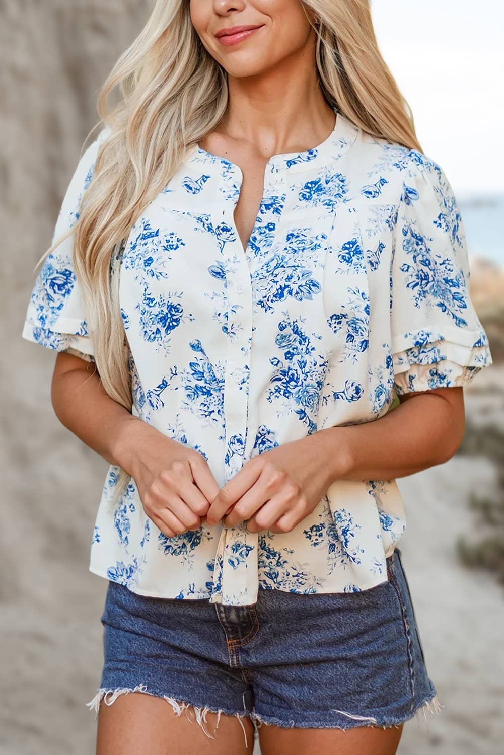 BOHO Floral Pleated Puff Sleeve Button Up Shirt | S-XL: As shown / Missy / XL
