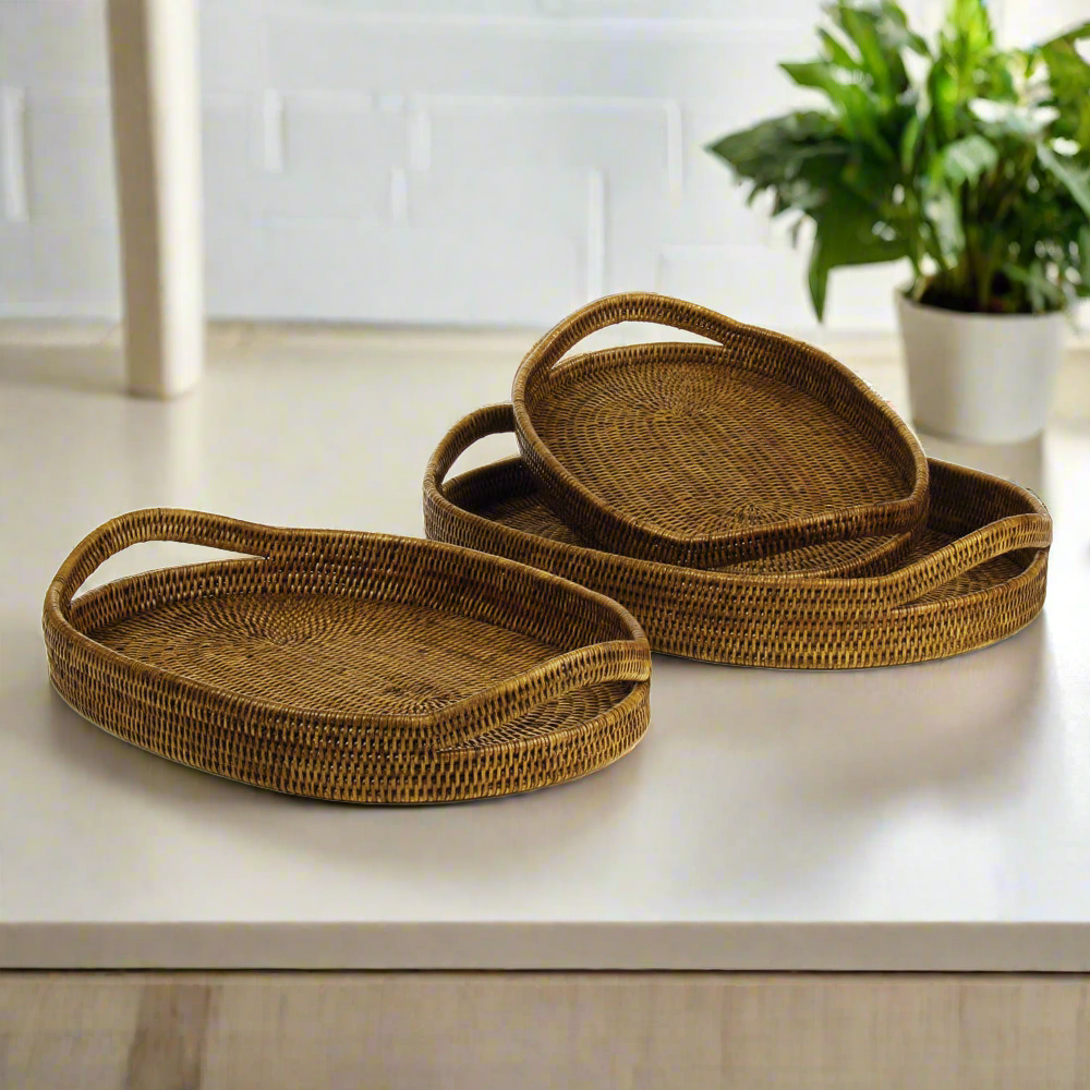 Burma Rattan Oval Serving Trays, Set Of 3