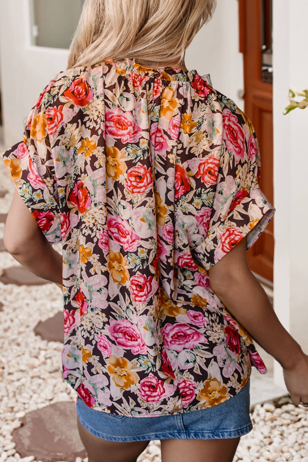 Floral Print Crew Neck Short Sleeve Shift Blouse: Pink / S