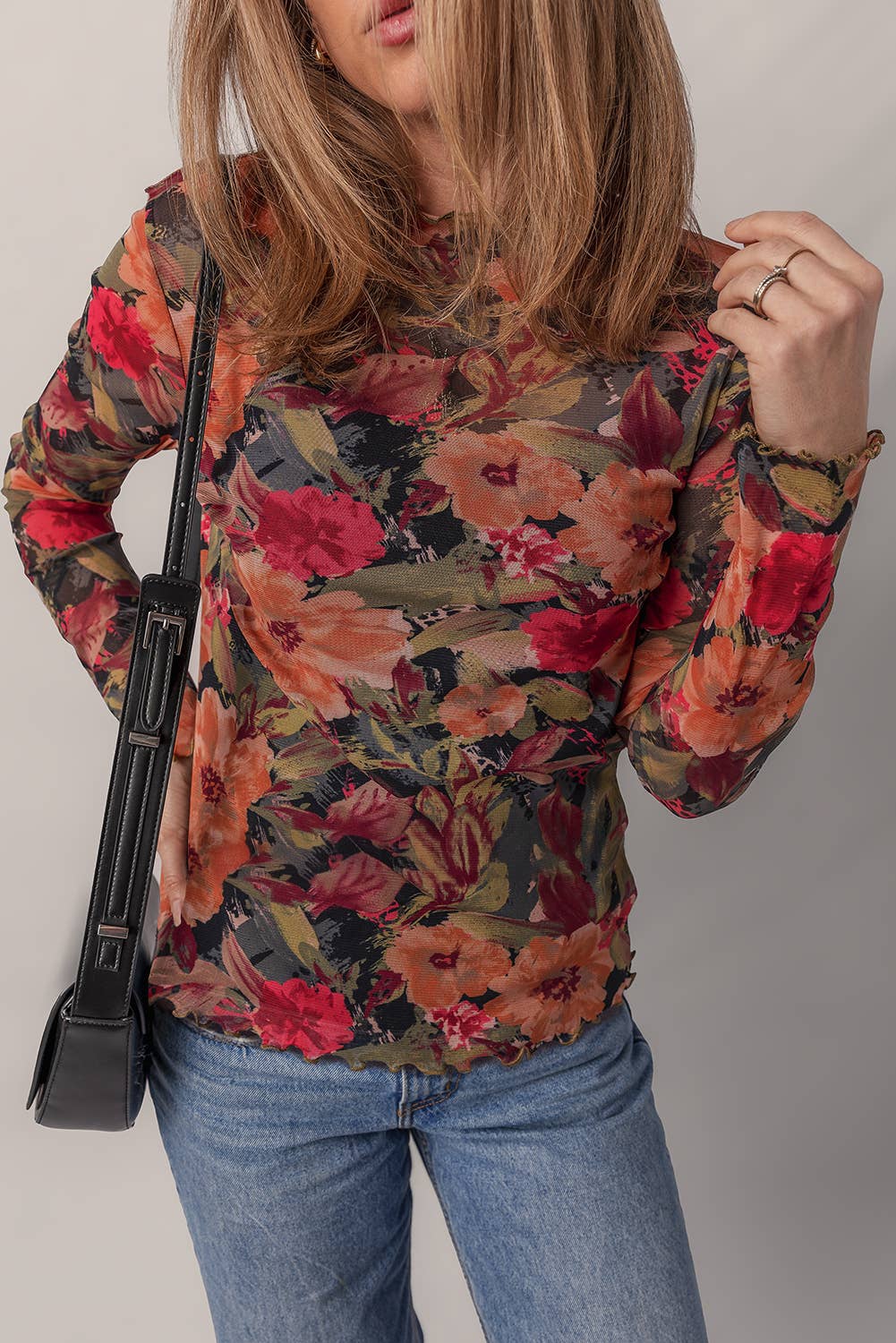 Floral Print Lettuce Trim Long Sleeve Mesh Top | S-XL: As shown / Missy / M