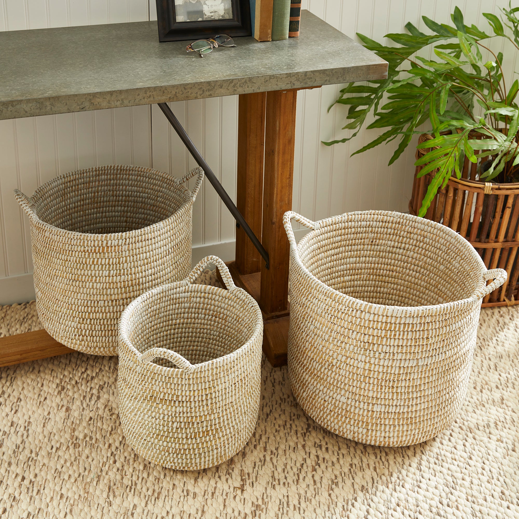 RIVERGRASS ROUND BASKETS WITH HANDLES, SET OF 3