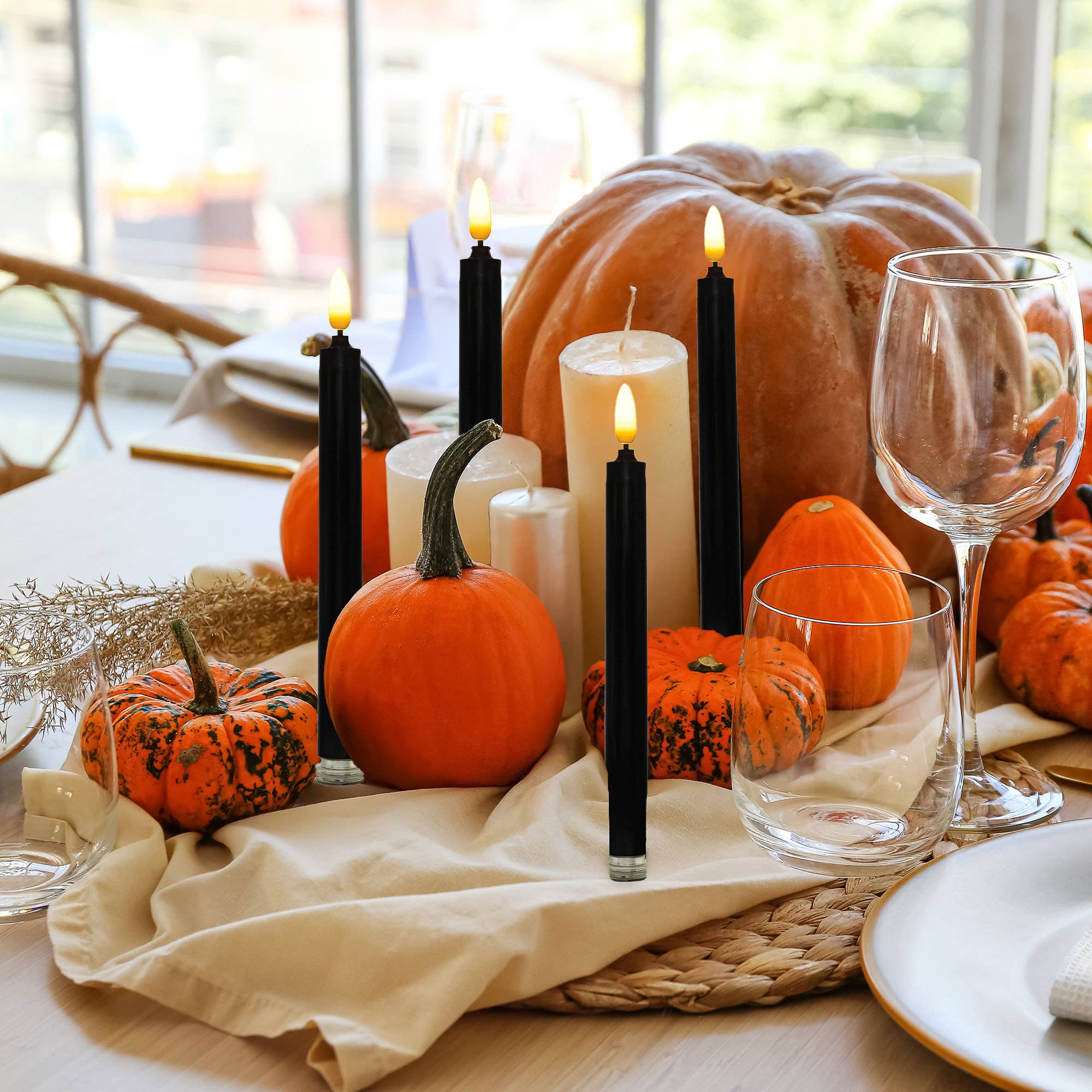 Battery Operated 3D Wick Flame Taper Candles, Black (4)