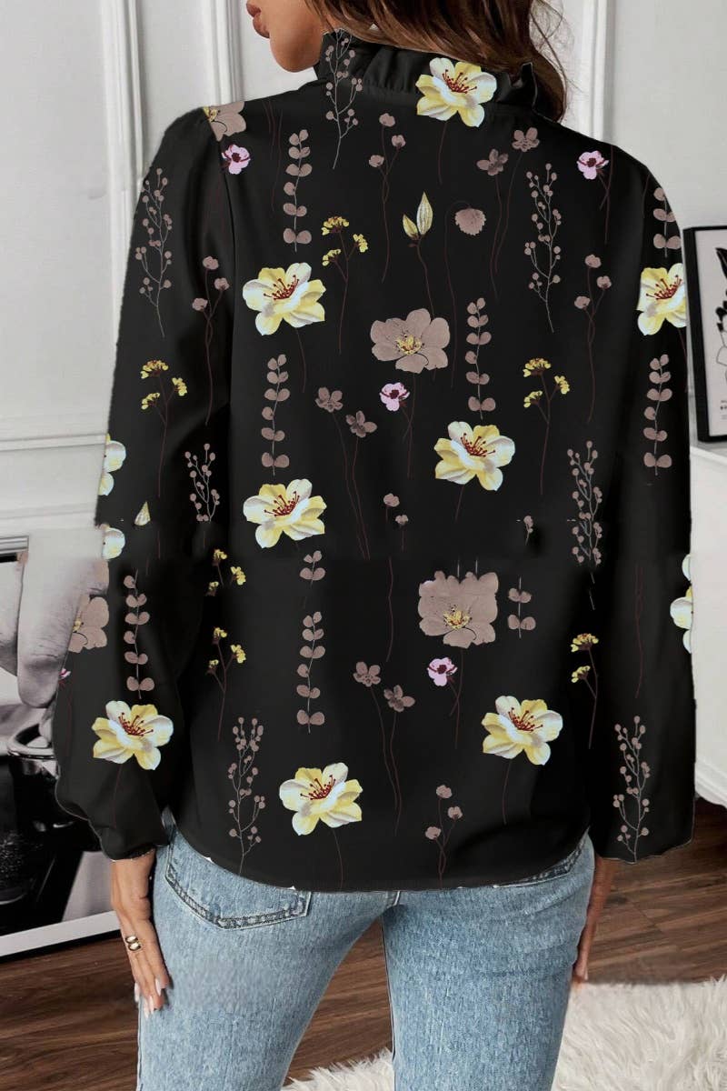 LONG-SLEEVED RUFFLED V-NECK PRINTED COMMUTER TOP: White / (S)
