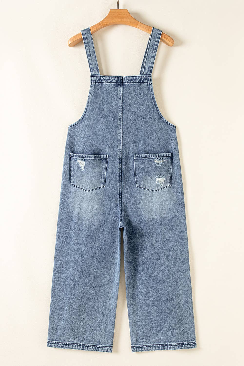 Distressed Pocketed Wide Leg Capri Denim Overall | 2 Colors: Stone Blue / M