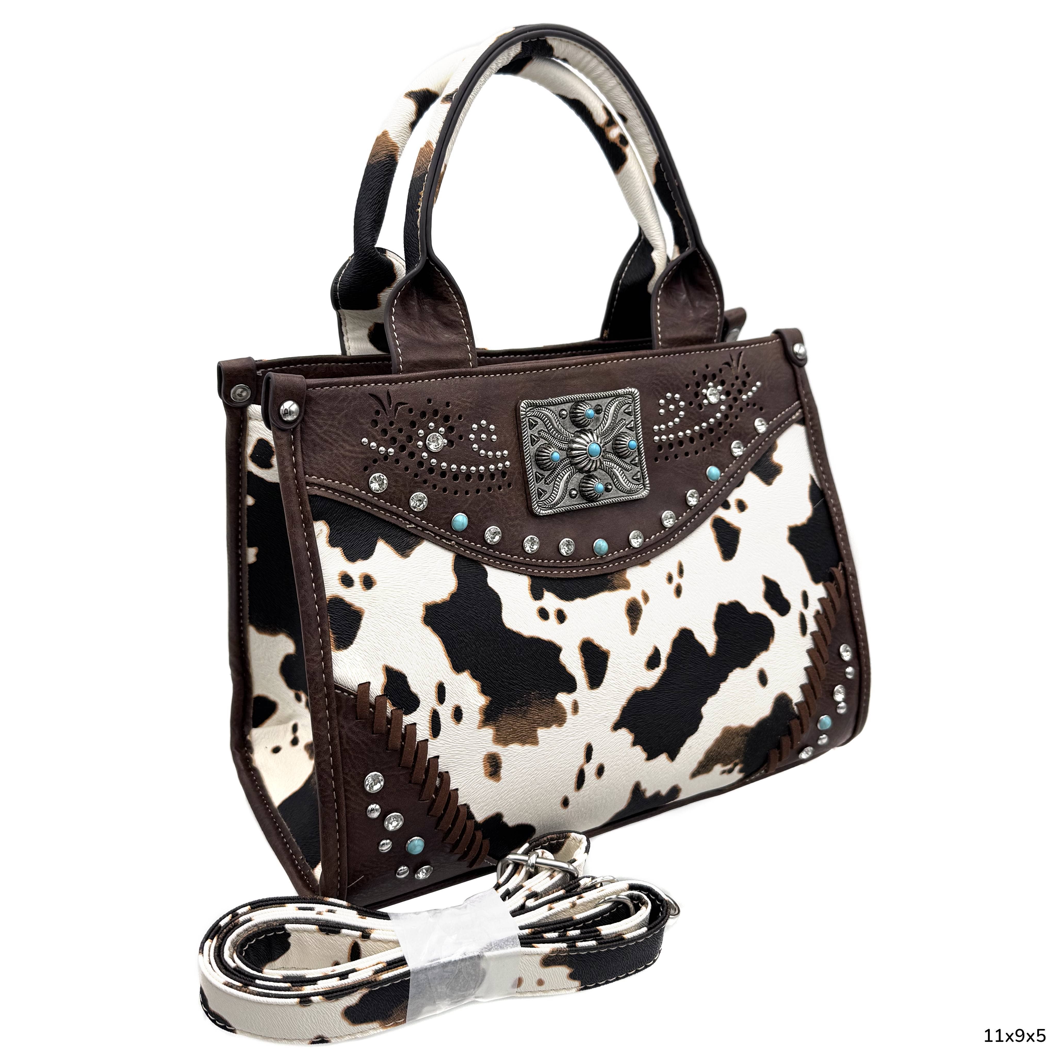 Rectangle Concho Cow Print Western Weekend Bag Crossbody: Brown