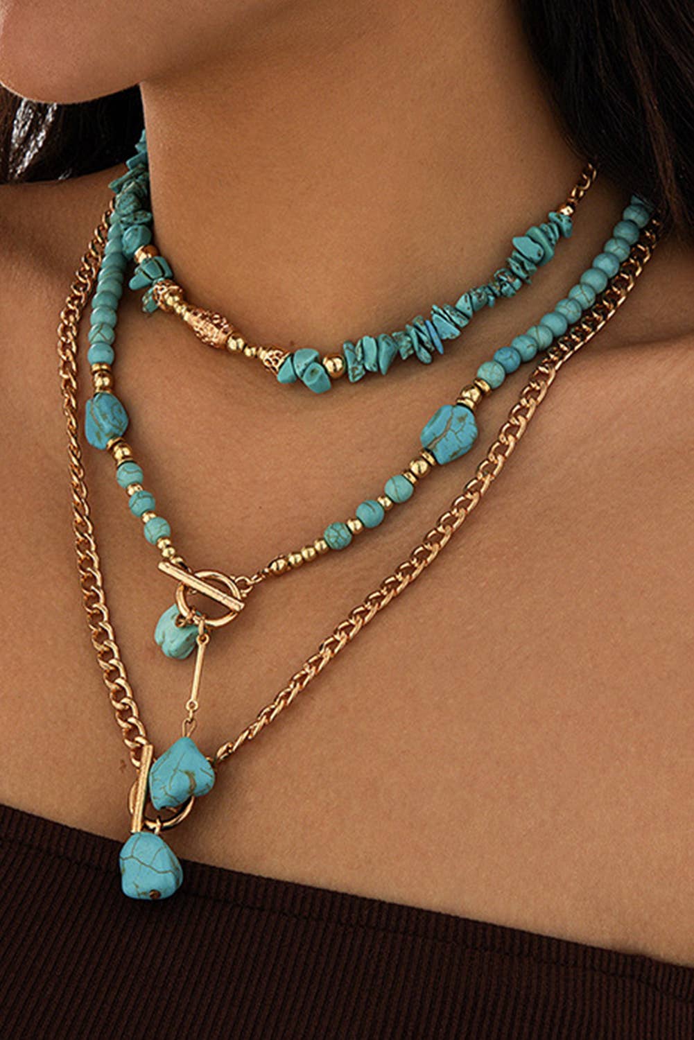Plated Toggle Clasp Turquoise Cable Chain Layered Necklace: Green