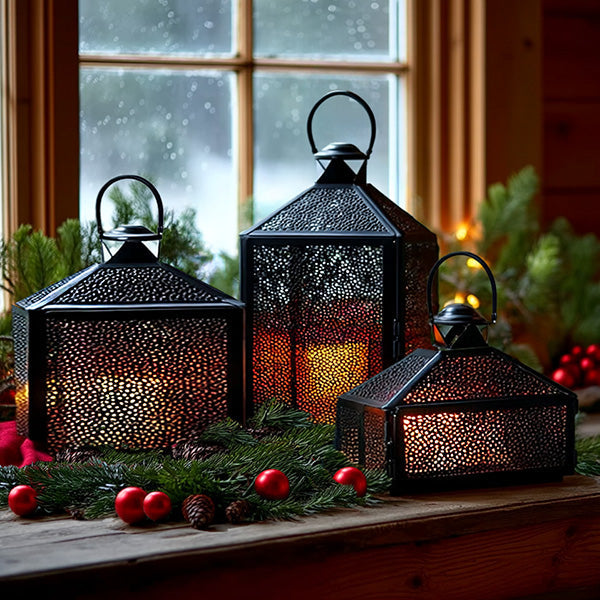Perforated Iron Metal Lanterns, Set of Three