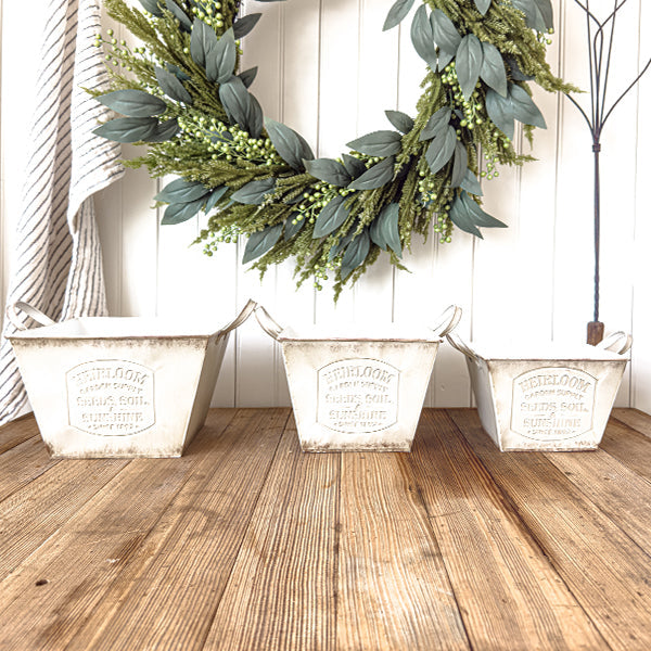 Vintage Inspired Heirloom Garden Supply Metal Planters, Set of Three