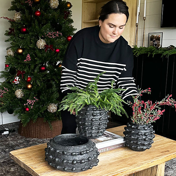 Handcrafted Textured Outdoor Matte Black Planters, Set of 3