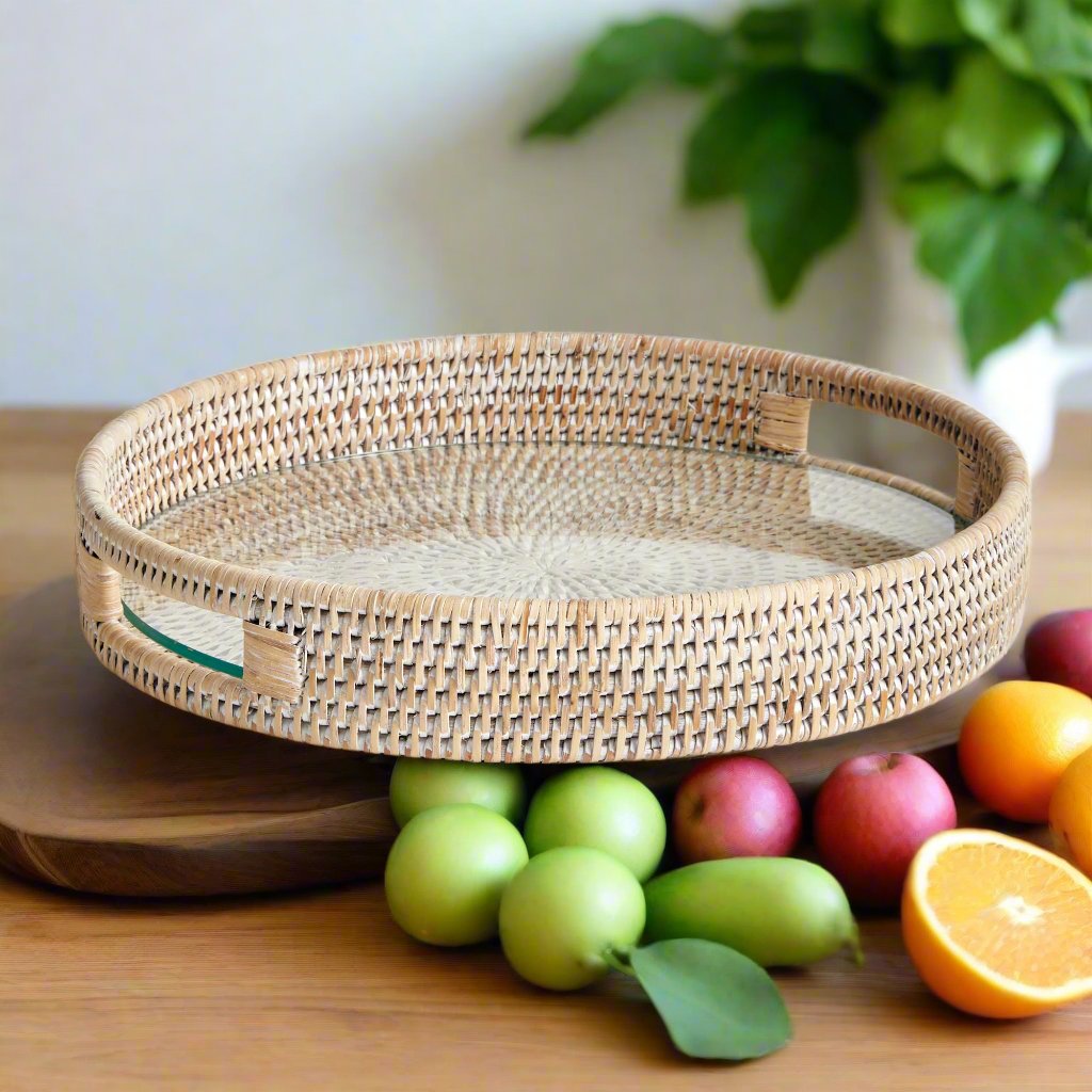 Burma Rattan Serving Tray, Whitewash