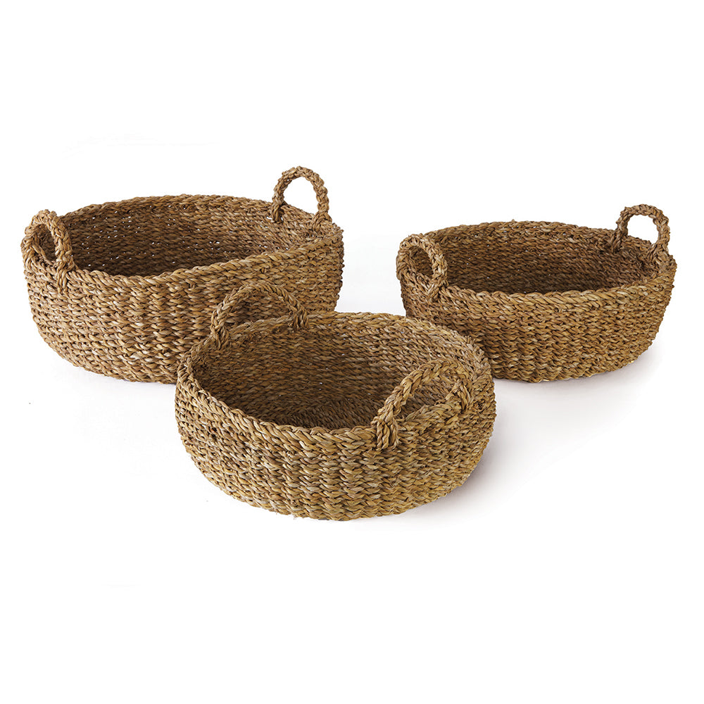 Seagrass Shallow Baskets With Handles, Set Of 3