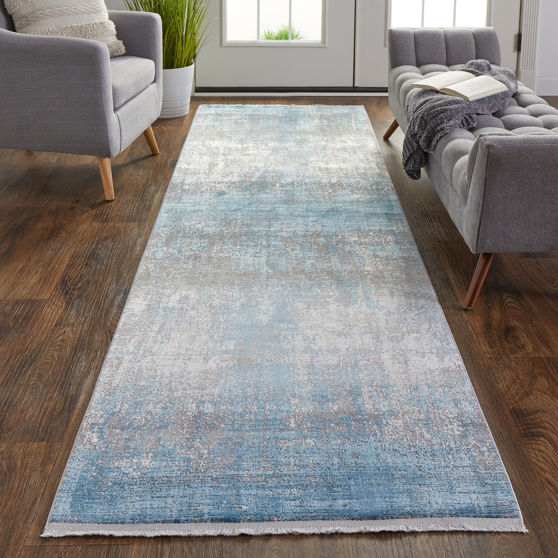 Cadiz Modern Abstract, Blue/Gray/Silver, 3'-1" x 10' Runner